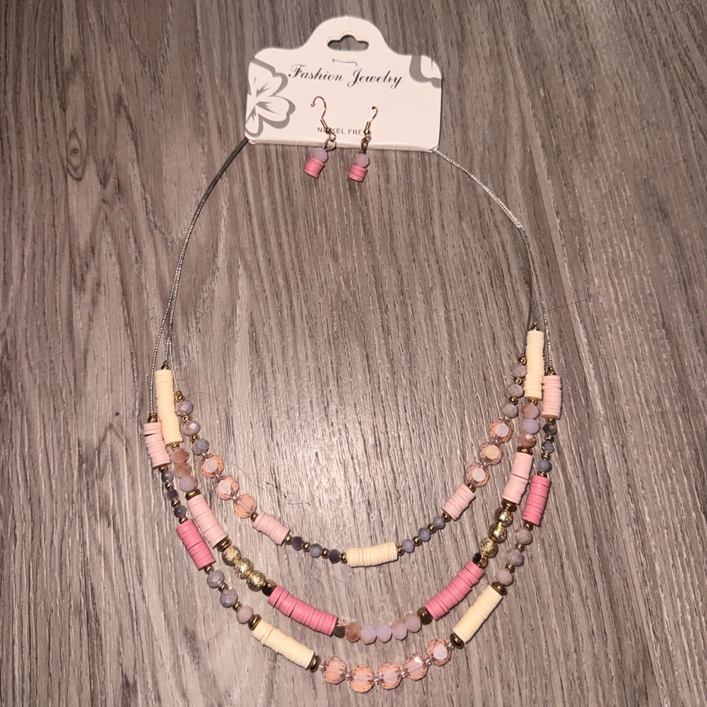 Fashion Jewelry Pink & Cream Layered Bead Necklace with Earrings